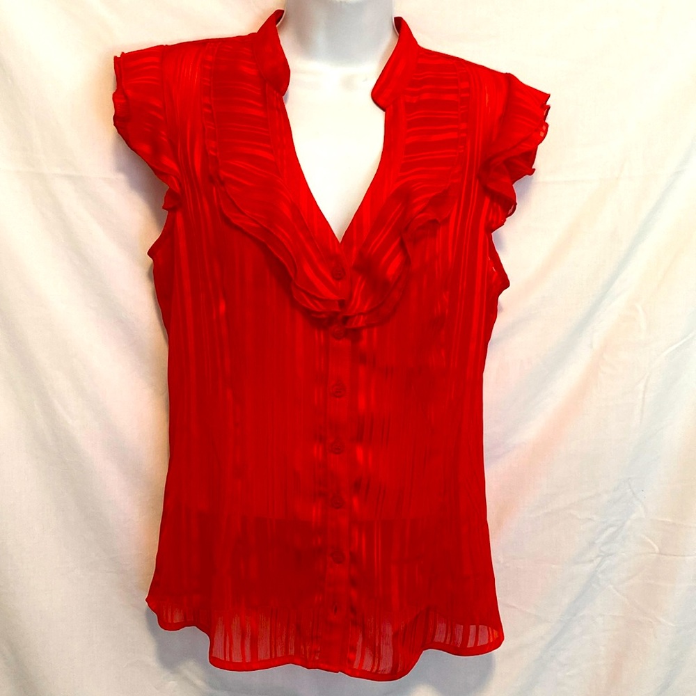 Ricki's Sheer Tomato Red Ruffle Cap Sleeve VNeck Summer Button Front Blouse Sz 6